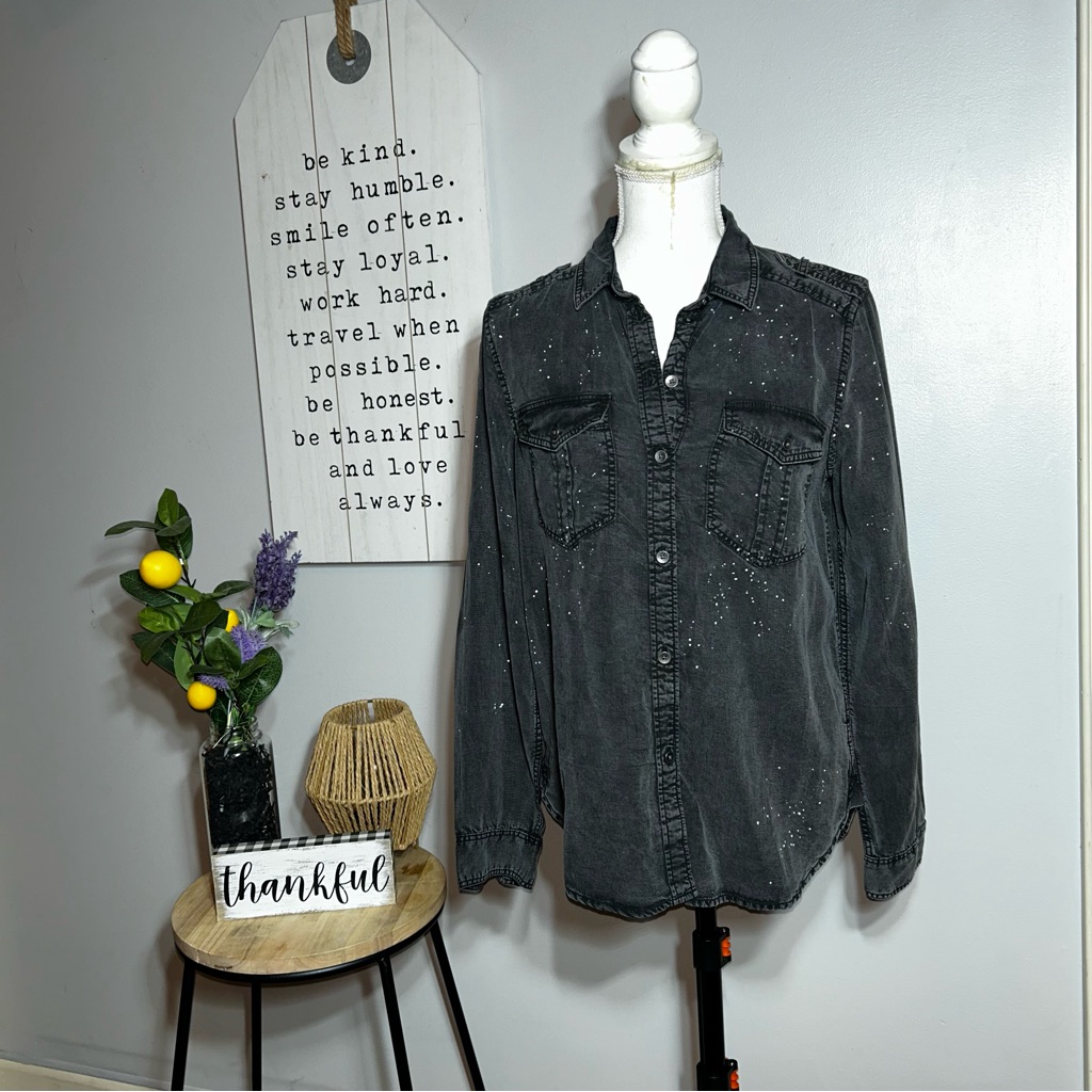 American Eagle Outfitters Black Splatter Boyfriend Lyocell Button-Up Shirt S